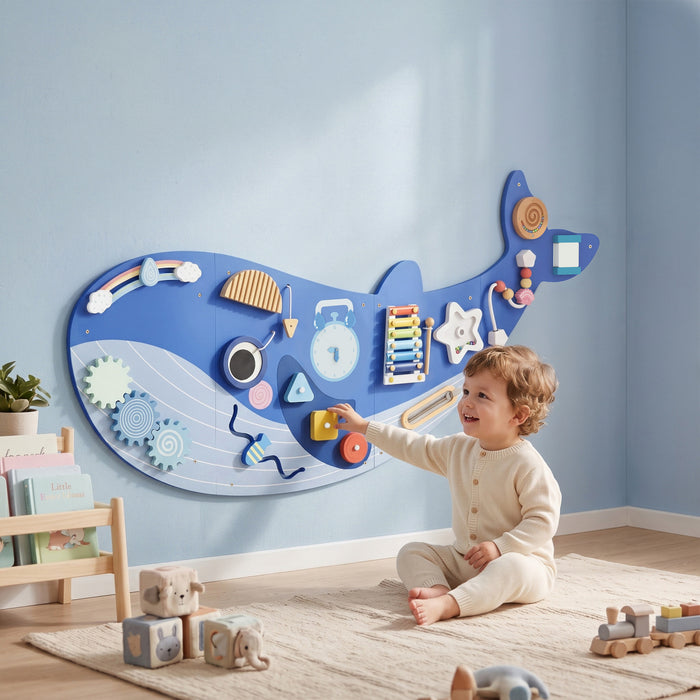 Qaba Whale Activity Wall Busy Board, 13 in 1 Montessori Sensory Wall Panel, Learning Activity Center for Toddler Playroom Nursery, Educational Toys for Boys Girls 2+, Blue
