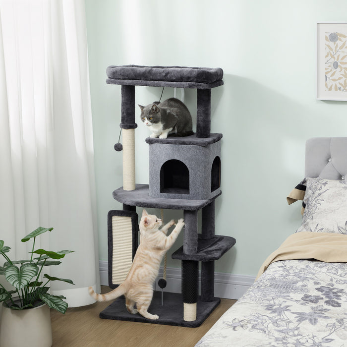 PawHut Cat Tree for Large Cat Adults, 52 Inch Cat Tower for Indoor Cats w/ Scratching Posts, Cat Bed, Condo, Grooming Brush, Jumping Platforms, Toy Balls, Anti-tip Kit, Dark Grey