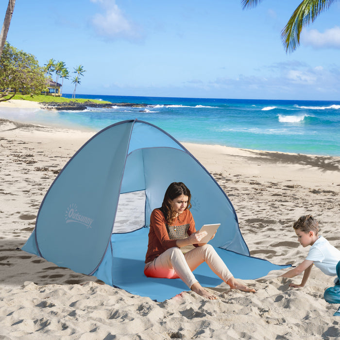 Outsunny Pop Up Beach Tent Portable Sun Shelter Uv Protection Outdoor Patio With Carry Case & Stakes Blue