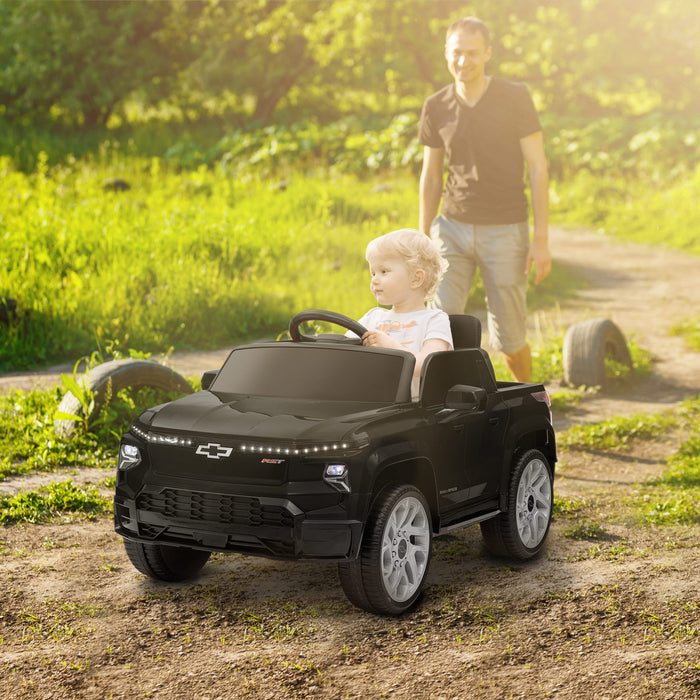 Qaba 12v Electric Car For Kids, Chevrolet Silverado Ev Rst Licensed Battery Powered Ride-On Kids Car With Parent Remote Control, Spring Suspension, Soft Start, Training Wheels, Black
