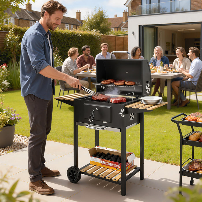 Outsunny Outdoor Charcoal BBQ Grill, Portable Barbecue Grill with Adjustable Charcoal Pan, Spacious Cooking Area, 3 Shelves, Thermometer, Wheels for Patio Backyard Party