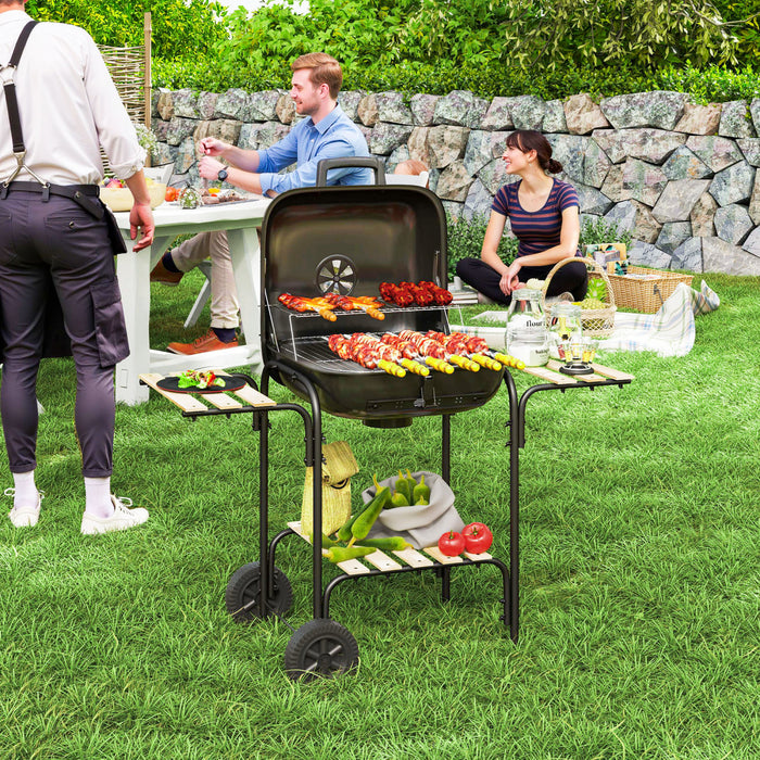 Outsunny Charcoal BBQ Grill, Portable Grill with 1840 cm² Cooking Area, Storage Shelves, Adjustable Air Vent, Locking Lid, Wheels for Garden Party Outdoor Cooking, Black