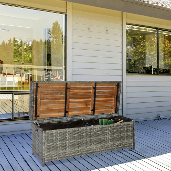 Outsunny Patio Wicker Storage Bench Box with Natural Wood Top Lid Gray