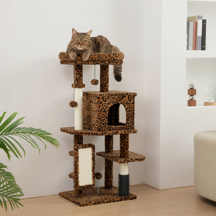 PawHut Cat Tree for Large Cat Adults, 41 Inch Cat Tower for Indoor Cats w/ Scratching Posts, Cat Bed, Condo, Jumping Platforms, Toy Balls, Leopard Print