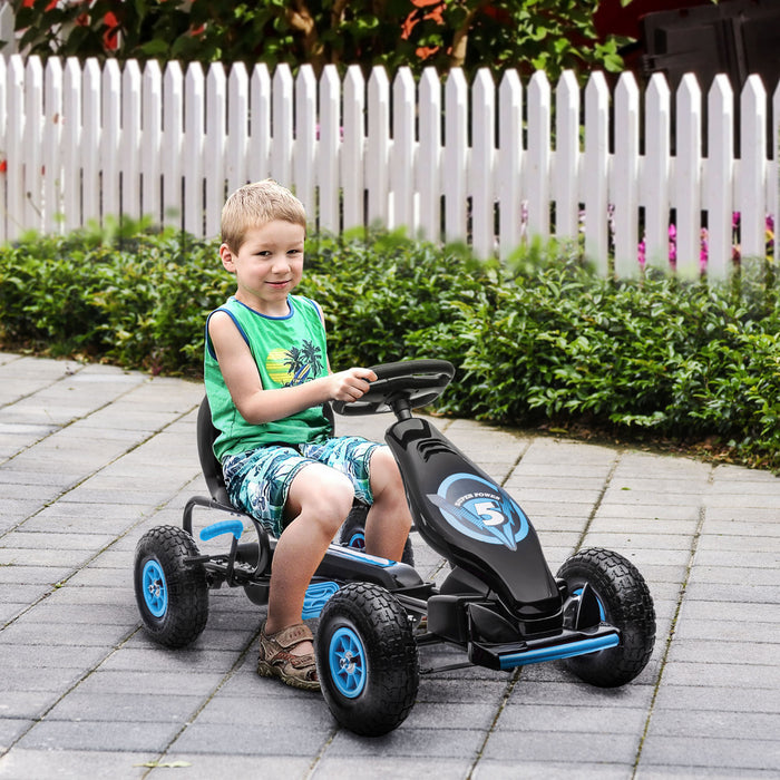 Aosom Kids Pedal Go Kart, Ride On Toys For Boys Girls With Ergonomic Adjustable Seat, Rubber Wheels Shock Absorb, Safety Hand Brake, Ages 5-12 Years Old, Blue