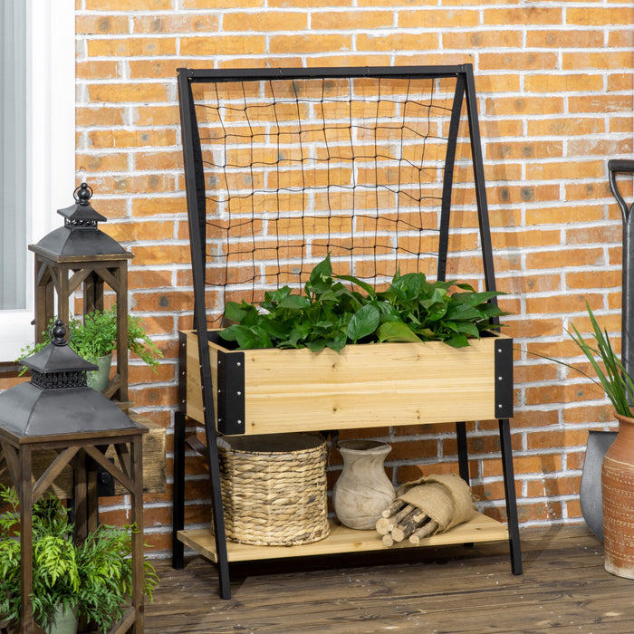 Outsunny Raised Garden Bed With Metal Trellis, Elevated Planter Box With Storage Shelf, Drainage Holes And Bed Liner For Flowers, Vegetable Vines, Climbing Plants - Natural