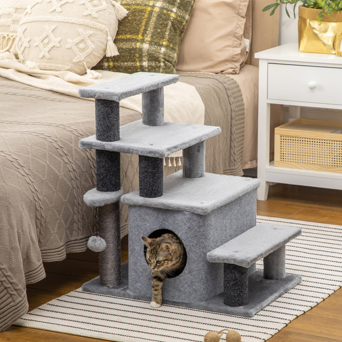 Pawhut Adjustable Height Cat Stairs With Sisal Scratching Posts, Cat House For Cozy Rest, Pet Steps For Couch Sofa And High Bed With Hanging Ball, Front Hole, Jumping Platform
