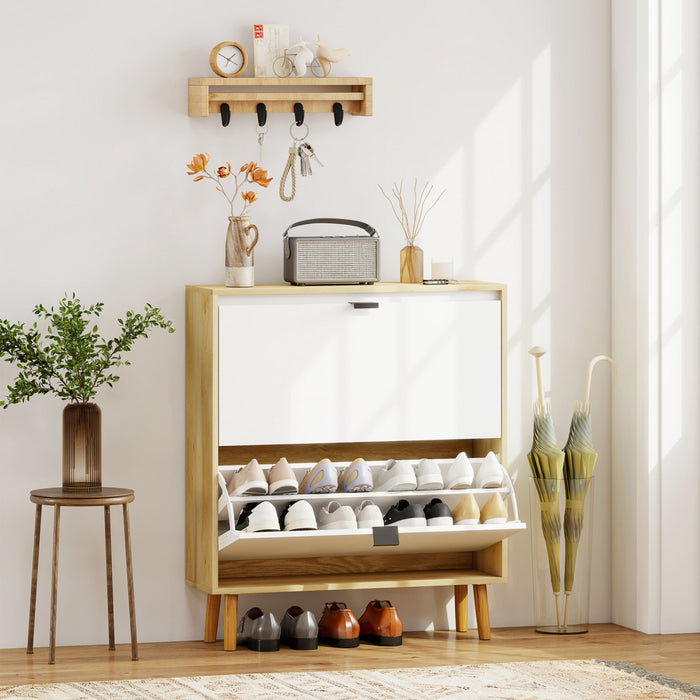 HOMCOM Narrow Shoe Cabinet, 2 Flip Drawers Shoe Storage Cabinet, White