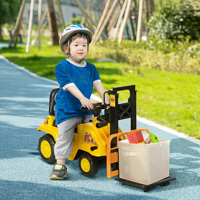 Aosom Kids Ride On Forklift With Fork And Tray, Kids Ride On Tractor With Under Seat Storage, No Power Kids Construction Truck With Treaded Wheels, Gifts For Age 3 - 4 Years Old
