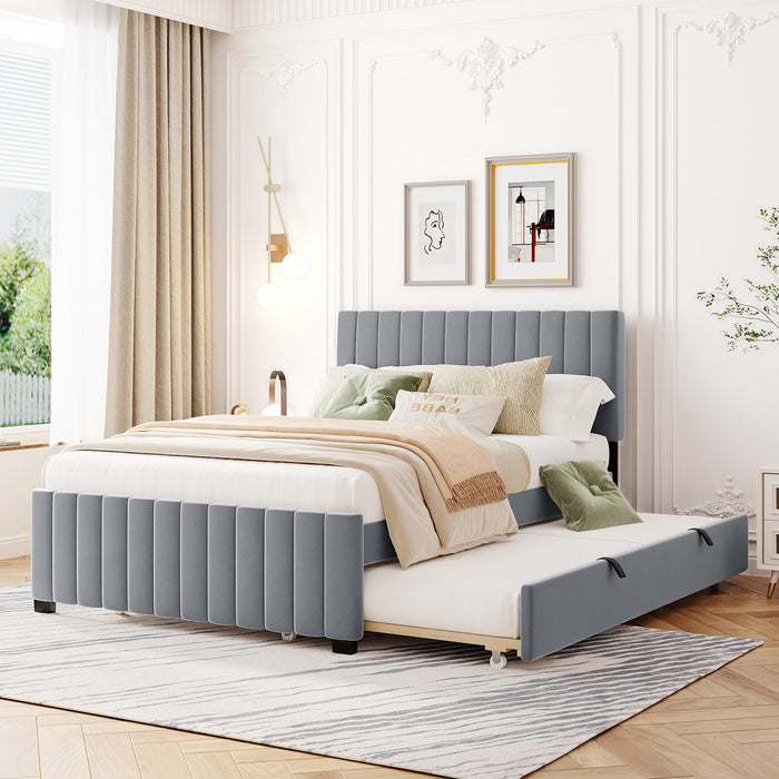 Ethan Space-Saving Velvet Upholstered Platform Bed with Trundle,Full Size,Grey Full Bed