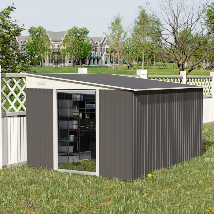 Outsunny 11.3' X 9.2' Steel Garden Storage Shed, Outdoor Metal Tool House With Double Sliding Doors & 2 Air Vents, Grey
