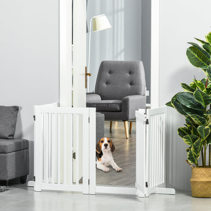 Pawhut Free Standing Wooden Pet Gate Indoor Dog Barrier Foldable Step Over Doorway Fence Safety Gate With Open Door Z Shape 4 Panel White