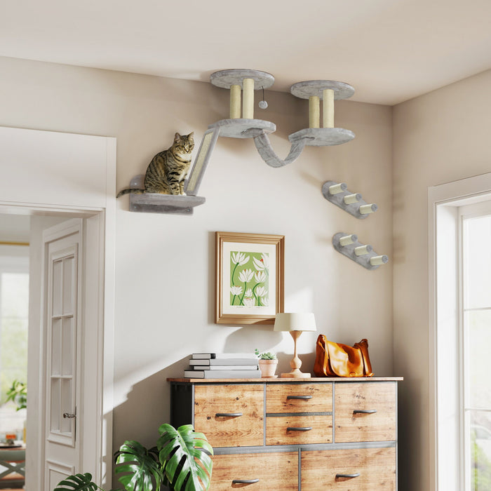Pawhut Cat Wall Shelves, 3pcs Cat Shelves With Scratching Post, Perches, Ladder, Steps, Scratching Board, Ceiling Wall Mounted Cat Climber, Light Grey