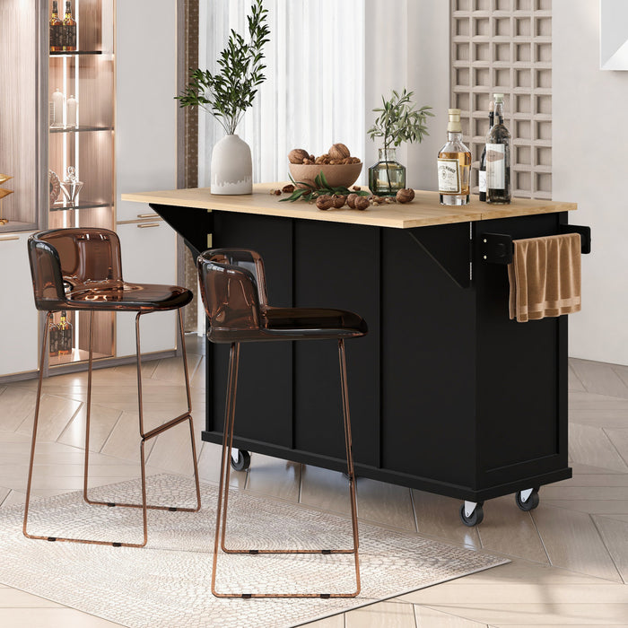 Margery Rubberwood Kitchen Cart With Drop-leaf Countertop And Storage Racks - Black