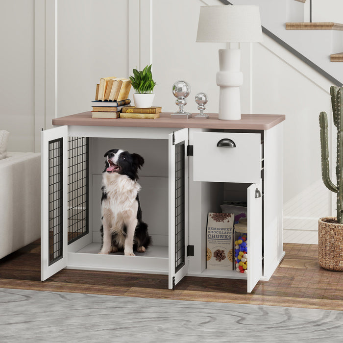 Pawhut Dog Crate Furniture, 44\" Dog Kennel Furniture With Double Doors, Storage, Drawer, Dog Cage For Medium Dogs, White
