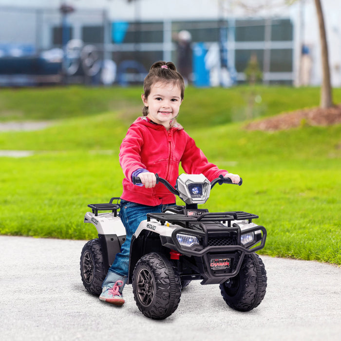 Aosom 12v Kids Atv Quad, 4 Wheeler Battery Powered Ride-On Electric Vehicle With Music Mp3, Headlights, High Low Speed, Treaded Tires, For Boys And Girls Ages 37-60 Months, White