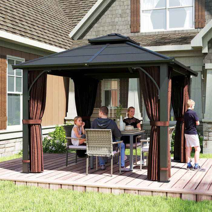 Outsunny 10' x 10' Hardtop Polycarbonate Gazebo with Netting and Curtains