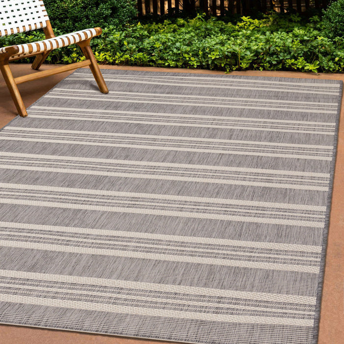 Jackson Cream Taupe Banded Stripes Rug, 6'7\" x 9'6\" Outdoor Area Rug