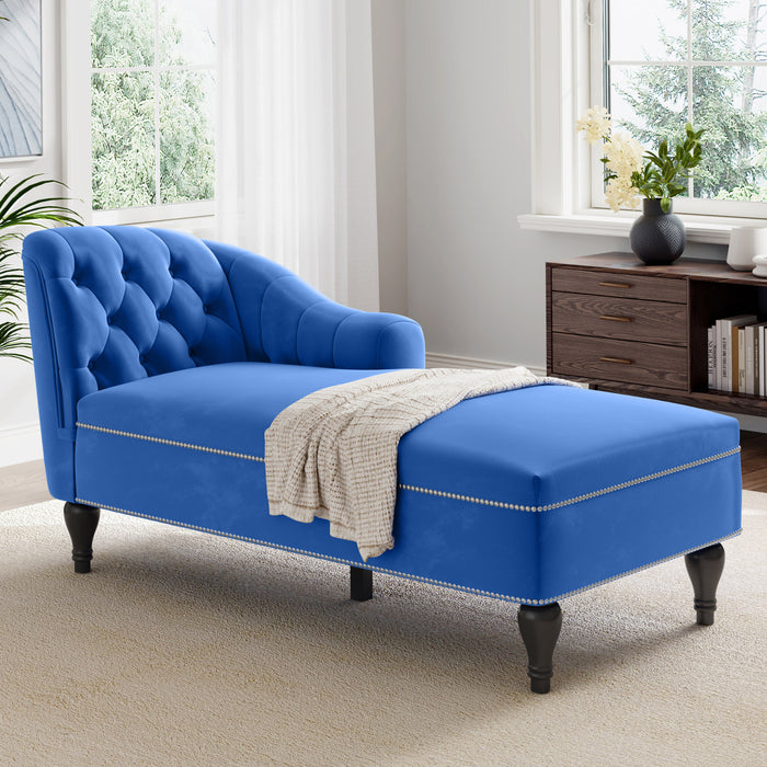 Serena Velvet Chaise Lounge with Button Tufting and Nailhead Trim, Blue