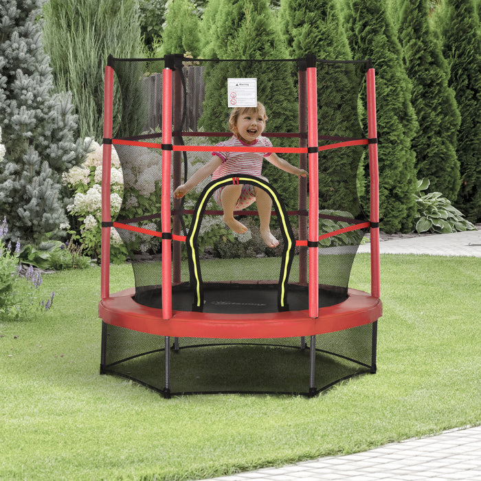 Outsunny 55\" Kids Trampoline with Enclosure Net Steel Frame Indoor Round Bouncer Rebounder Age 3 to 6 Years Old, Red