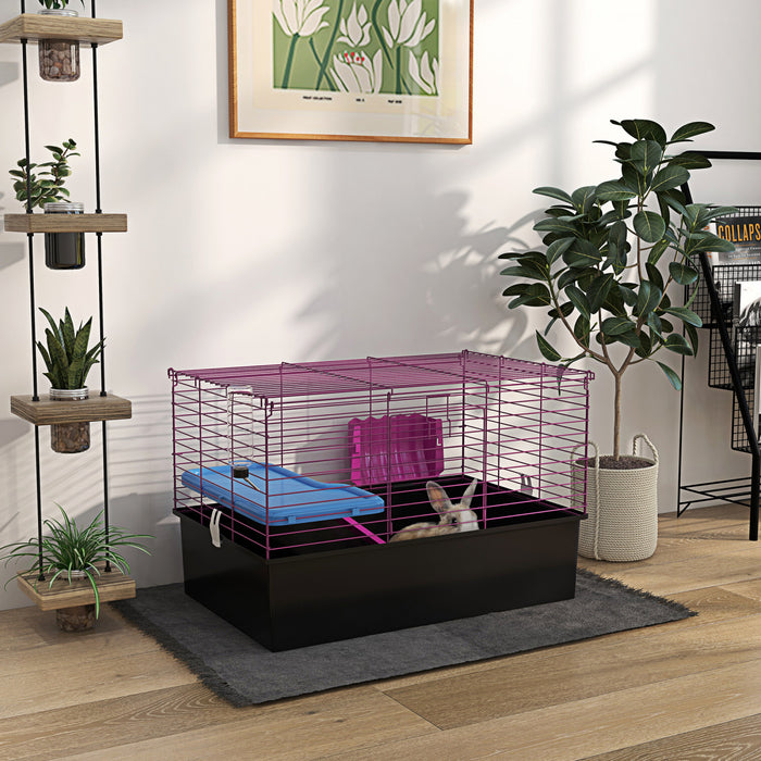 Pawhut 28\" L Rabbit Cage, Large Guinea Pig Cage Small Animal Cage With Water Bottle, Food Dish, Platform, Ramp, For Ferret, Chinchilla, Black