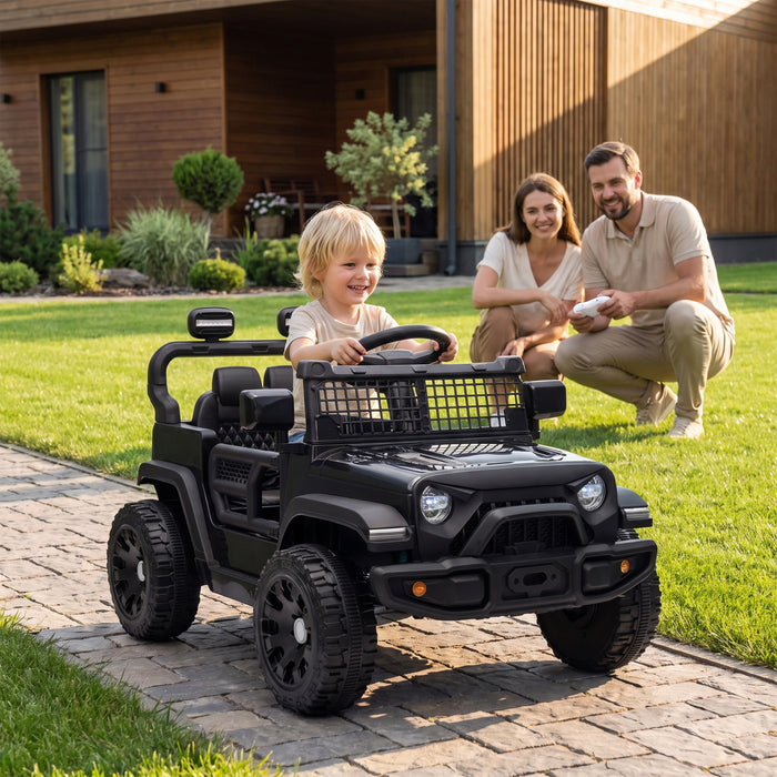 Qaba Electric Car for Kids, 12V Battery Powered Ride on Truck Car with Remote Control, Dual Motors, Rear Suspension, Soft Start, 3 Speeds, Music, LED Lights, for 3-8 Years, Black