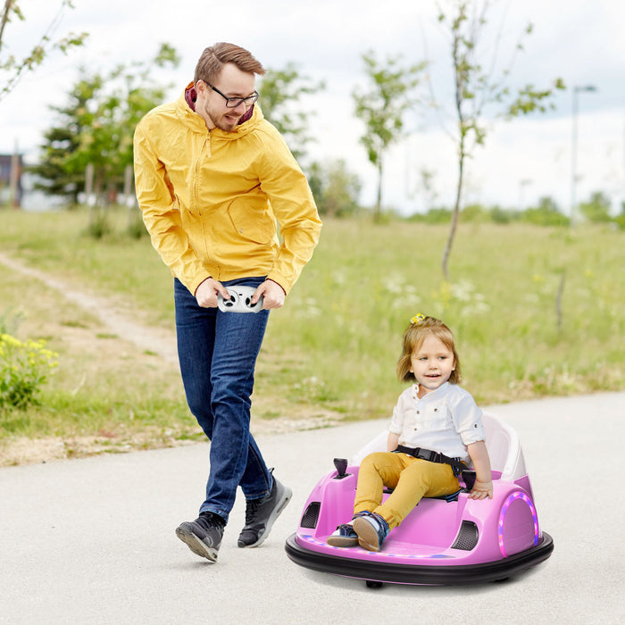 Qaba 12v Bumper Car For Toddlers, Electric Powered Ride-On Car With 360 Degree Spin, Remote Control, Led Lights Music Horn, For Ages 1.5-5 Years Old, Pink