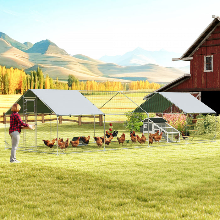 PawHut Chicken Run, Large Metal Chicken Coop with Feeding Door, Waterproof & UV-Resistant Cover, Hanging Feeder, Perch, Poultry Cage for Outdoor, Backyard, Farm, for 24-30 Poultry