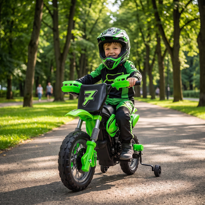 Qaba 12V Kids Electric Motorcycle, Battery Powered Ride on Motorcycle with Training Wheels, Electric Dirt Bike with Rear Suspension, Horn for Boys Girls 3-6 Years, Green