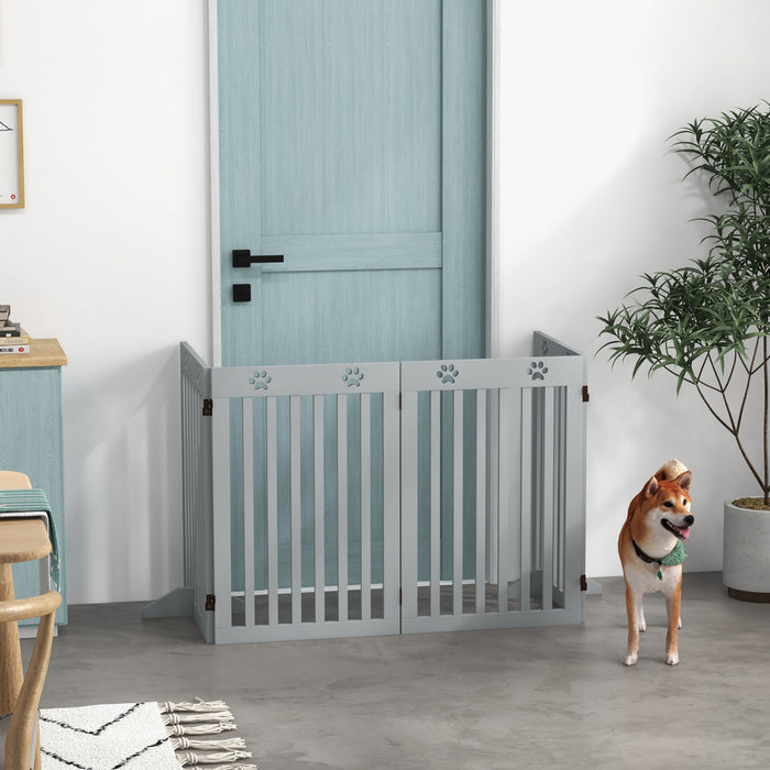 Pawhut Freestanding Pet Gate 4 Panel Dog Barrier Folding Safety Fence With Support Feet Up To 80.25\" Long 29.5\" Tall For Doorway Stairs Black Light Grey