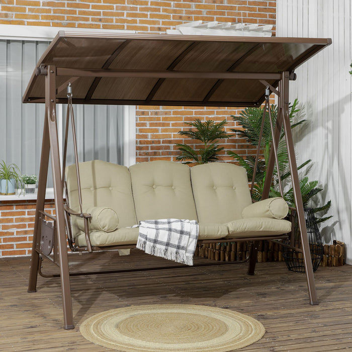 Outsunny 3-seat Patio Swing Chair, Outdoor Canopy Swing Glider With Cushion, Pillows And Adjustable Polycarbonate Canopy For Porch, Garden, Poolside, Backyard, Khaki