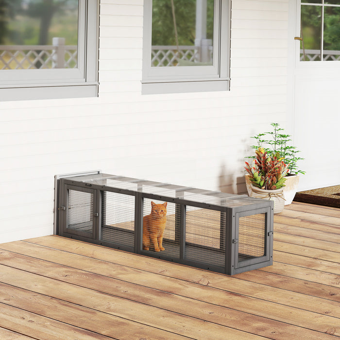 PawHut Outdoor Cat Tunnel, 60\" Wooden Play Cat Enclosure, Extendable Pet Run with 3 Doors, for Indoor and Outdoor Use, for Kitty, Puppy, Grey
