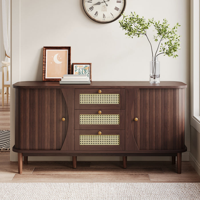 James 55.3\" Modern Minimalist Wood Cabinet with Sliding Doors and Adjustable Shelves,Dark Brown Accent Cabinet
