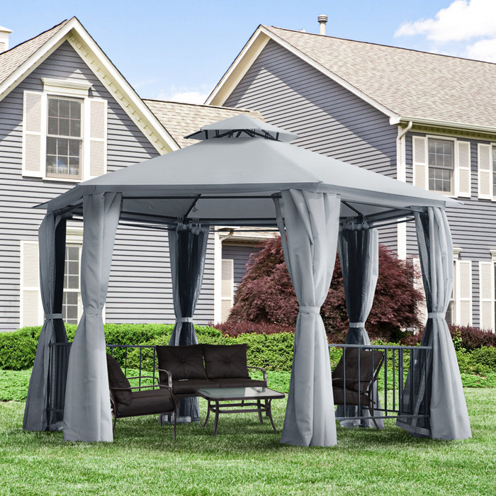 Outsunny 13ft Hexagon Gazebo Outdoor Canopy Shelter With Netting And Shaded Curtains Grey