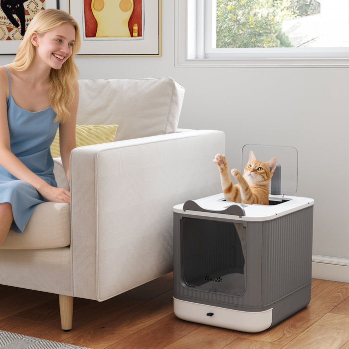PawHut Cat Litter Box with Lid, Enclosed Kitty Litter Box with Front-Entry and Top-Exit, Scoop, Deodorizer Bag, Non-Sticky and Easy to Clean, for Medium Cats, White