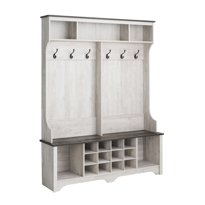 Rustic Ridge Farmhouse Entryway Storage Cabinet with Shoe Cubbies & Coat Hooks - Washed White
