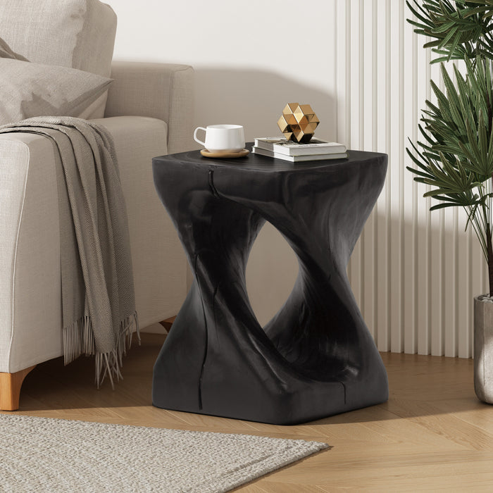 Miro 16\" Modern Twisted Hourglass MGO Accent Table, Faux Wood Grain Indoor Side Table, Black