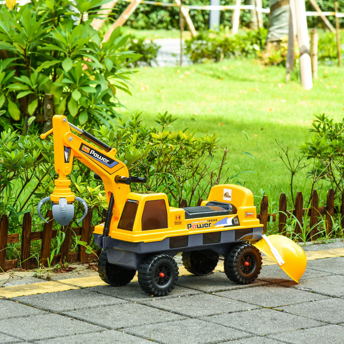 Qaba No Power Ride On Excavator Construction Digger Multi-functional Truck Toy With 2 In 1 Design Detachable Digging Bucket And Grab Bucket, Music, Light, Yellow