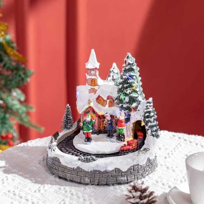 HOMCOM LED Lighted Christmas Village Houses with Rotating Train