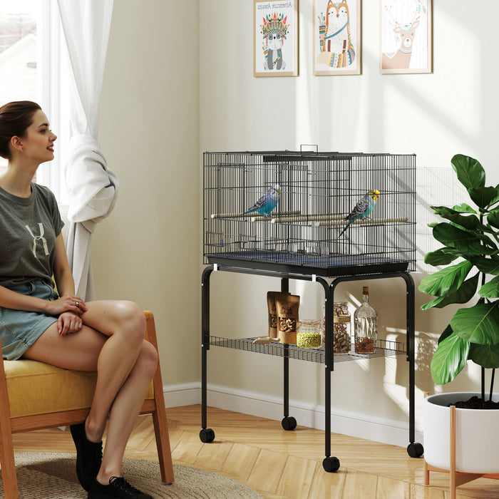 PawHut 46\" H Bird Cage, Parakeet Cages for Budgie, Lovebird, Canary, Finches with Divider, Wheeled Stand, Shelf, 4 Wooden Perches, Slide Out Tray, 4 Feeders, Black