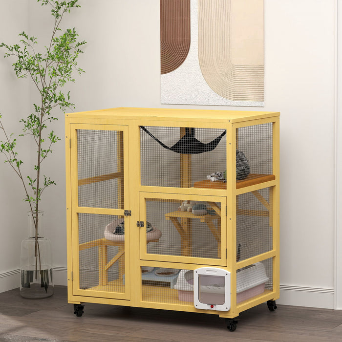 Pawhut Wooden Cat House For Indoor 3 Levels Cat Condo Villa On Wheels With Flap Door Platforms Hammock Openable Top For 2 Kittens, Yellow