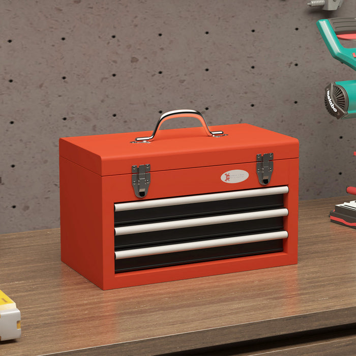 Durhand 3 Drawer Tool Box With Metal Latch Portable Tool Chest Red