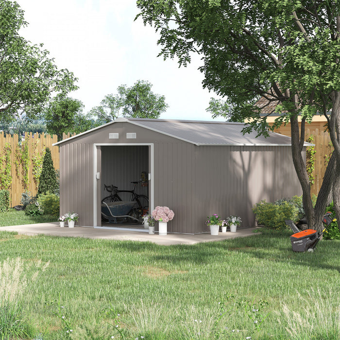 Outsunny 11' X 13' Garden Storage Shed With Double Sliding Door And 4 Ventilation Slots, Garden Tool House For Backyard, Patio, Lawn, Light Grey