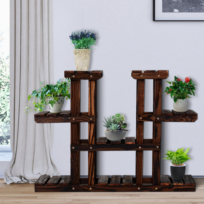 Outsunny 4-tier Plant Stand, Wooden Carbonized Plant Shelf, Flower Pot Holder Display Rack For Indoor Outdoor Patio Garden