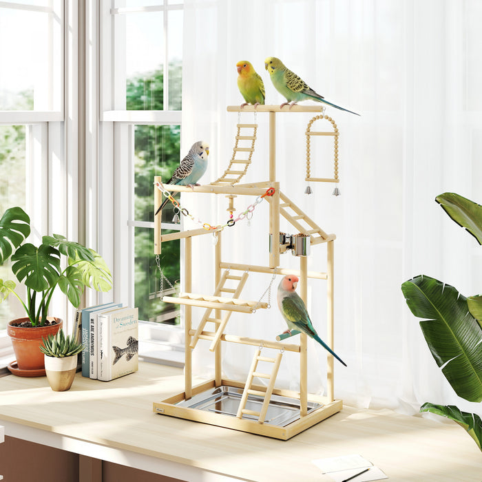 PawHut Bird Playground, Wooden Parrot Play Stand with Ladders, Chain Toy, Stainless Steel Cups and Tray, Bird Perch for Parakeets, Cockatiels, Finche, Budgie