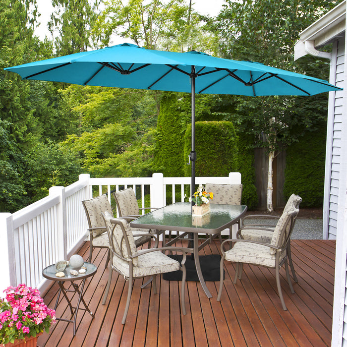 Costway 15FT Double-Sided Twin Patio Umbrella Outdoor Market W/ Crank & Base Turquoise