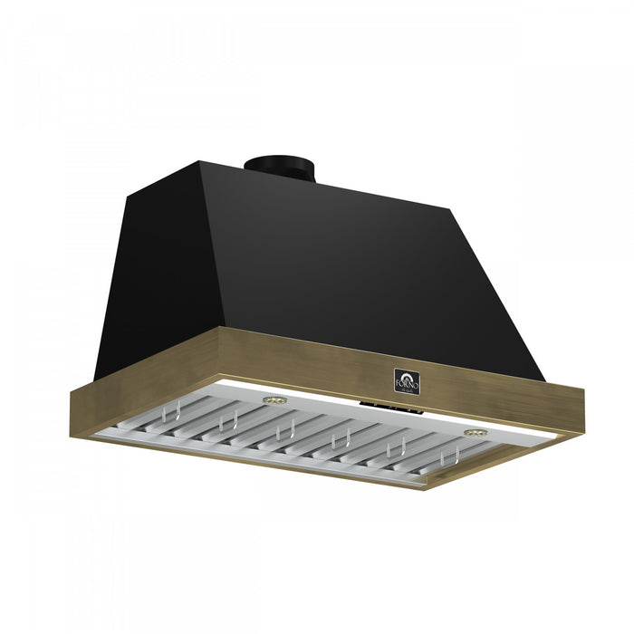 Forno Vittorio 36-Inch Wall Mount Range Hood, Black with Antique Brass Trim- FRHWM5078-36BLK