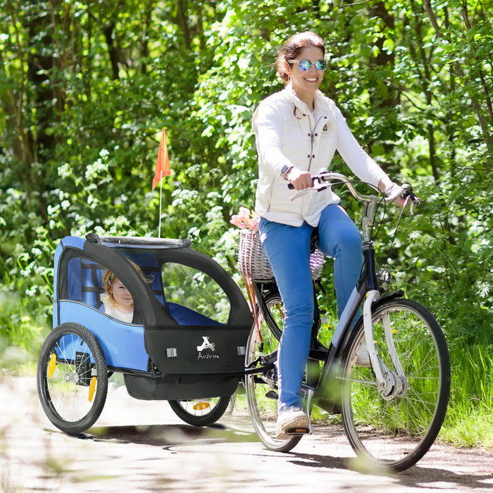 Aosom 2-Seat Bike Trailer for Kids, Baby Bicycle Trailer with Storage Bag, 5-Point Harness, 20\" Rubber Wheels, Safety Flag, Reflectors, Shock Absorber System, for 18+ Months, Blue