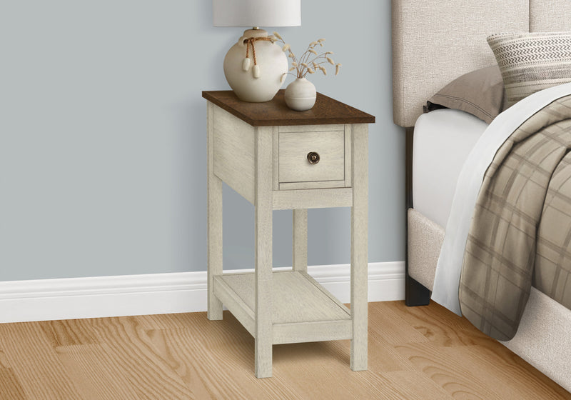Accent Side End Table 2-Tier Narrow Bedroom Storage Drawer Antique White Brown Veneer Transitional