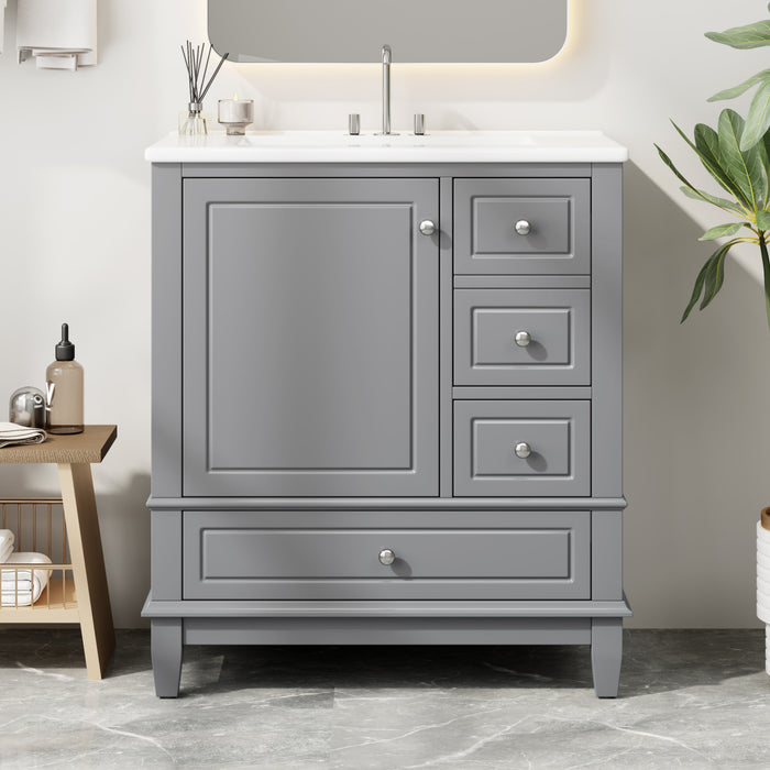 Emma 30\" Solid Wood Bathroom Vanity with Ceramic Sink and Soft-Close Door, Grey